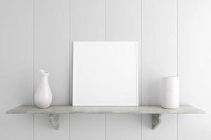 Minimalist and clean square white poster or photo frame mockup on the marble table in living room. 3D Rendering.