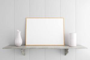 Minimalist and clean horizontal wooden poster or photo frame mockup on the marble table in room. 3D Rendering.