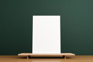 Minimalist and clean vertical white poster or photo frame mockup on the wooden table in living room. 3D Rendering.
