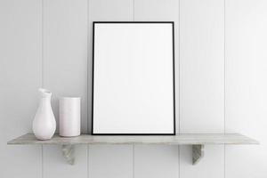 Minimalist and clean vertical black poster or photo frame mockup on the marble table in living room. 3D Rendering.