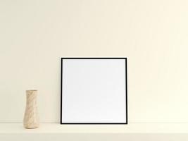 Customizable minimalist square black poster or photo frame mockup on the podium table with vase. 3D Rendering.