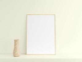 Customizable minimalist vertical wooden poster or photo frame mockup on the podium table with vase. 3D Rendering.