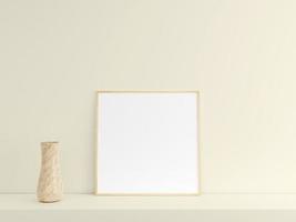 Customizable minimalist square wood poster or photo frame mockup on the podium table with vase. 3D Rendering.