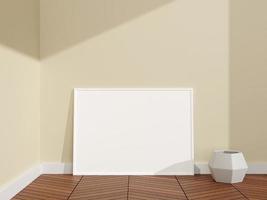 cartel blanco horizontal minimalista y limpio o maqueta de marco de fotos en el suelo de madera de una habitación. representación 3d