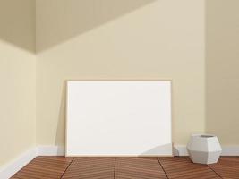 cartel de madera horizontal minimalista y limpio o maqueta de marco de fotos en el suelo de madera de una habitación. representación 3d
