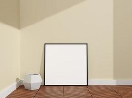 cartel negro cuadrado minimalista y limpio o maqueta de marco de fotos en el suelo de madera de una habitación. representación 3d