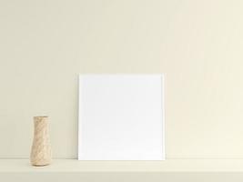 cartel blanco cuadrado minimalista personalizable o maqueta de marco de fotos en la mesa del podio con jarrón. representación 3d