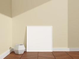 Minimalist and clean square white poster or photo frame mockup in a room wooden floor. 3D Rendering.
