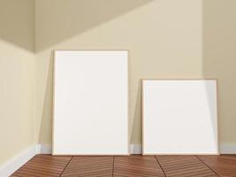 cartel de madera minimalista y limpio o maqueta de marco de fotos en el suelo de madera de una habitación. representación 3d