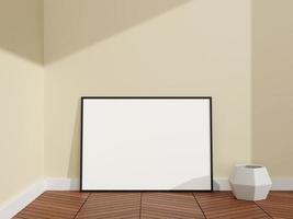 cartel negro horizontal minimalista y limpio o maqueta de marco de fotos en el suelo de madera de una habitación. representación 3d
