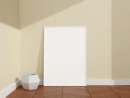 cartel blanco vertical minimalista y limpio o maqueta de marco de fotos en el suelo de madera de una habitación. representación 3d