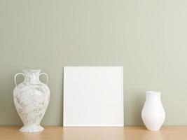 Minimalist square white poster or photo frame mockup on wooden floor leaning against the wall. 3D Rendering.