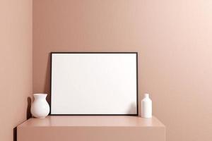 Minimalist and clean horizontal black poster or photo frame mockup on the podium table. 3D Rendering.