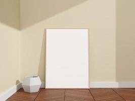 cartel de madera vertical minimalista y limpio o maqueta de marco de fotos en el suelo de madera de una habitación. representación 3d