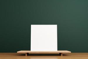 Minimalist and clean square white poster or photo frame mockup on the wooden table in living room. 3D Rendering.