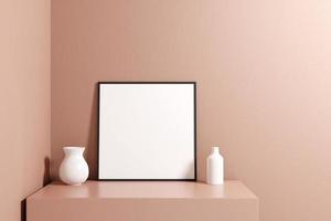 Minimalist and clean square black poster or photo frame mockup on the podium table. 3D Rendering.