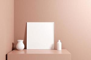 Minimalist and clean square white poster or photo frame mockup on the podium table. 3D Rendering.