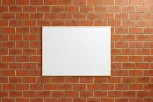 Minimalist hanging horizontal wooden poster or photo frame mockup in brick wall. 3D Rendering.