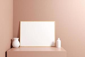 Minimalist and clean horizontal wooden poster or photo frame mockup on the podium table. 3D Rendering.