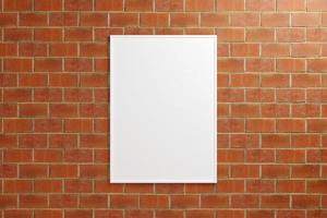 Minimalist hanging vertical white poster or photo frame mockup in brick wall. 3D Rendering.