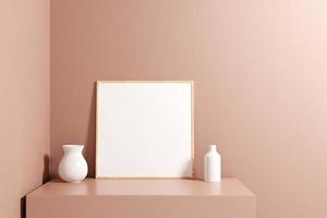 Minimalist and clean square wooden poster or photo frame mockup on the podium table. 3D Rendering.