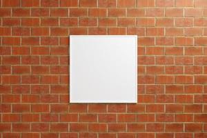 Minimalist hanging square white poster or photo frame mockup in brick wall. 3D Rendering.