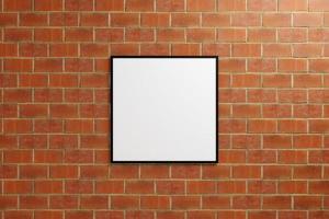 Minimalist hanging square black poster or photo frame mockup in brick wall. 3D Rendering.