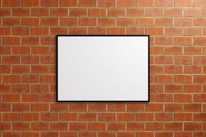 Minimalist hanging horizontal black poster or photo frame mockup in brick wall. 3D Rendering.