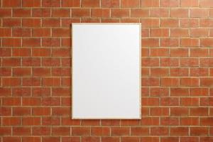 Minimalist hanging vertical wooden poster or photo frame mockup in brick wall. 3D Rendering.