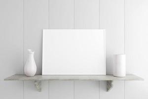 Minimalist and clean horizontal white poster or photo frame mockup on the marble table in room. 3D Rendering.