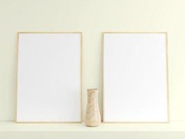 Customizable minimalist vertical wood poster or photo frame mockup on the podium table with vase. 3D Rendering.