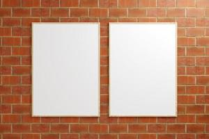 Minimalist hanging vertical wooden poster or photo frame mockup in brick wall. 3D Rendering.