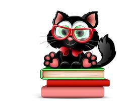 lindo gato negro de dibujos animados nerd sentado los libros en vasos con lazo rojo vector