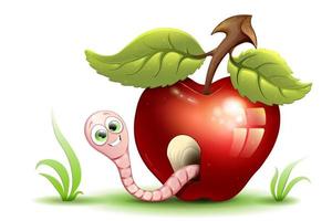 lindo gusano de dibujos animados divertido en casa de manzana roja con techo de hojas verdes. vector
