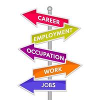 Career, employment, occupation, work and jobs words on signpost isolated on white background. Vector illustration