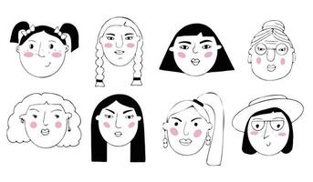 conjunto vectorial de retratos de personas. dibujos animados divertidos personajes femeninos minimalistas de diferentes edades. dibujos de rostros femeninos con diferentes emociones y estados de ánimo. avatar para redes sociales vector