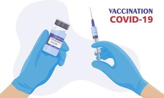 Treatment of Coronavirus Covid-19. A safe and effective vaccine. Syringe containing the medicine. Physician's hands in blue protective gloves. The concept of vaccination vector