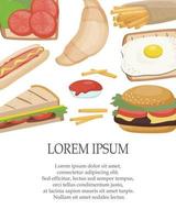 comida rápida para llevar. elementos vectoriales realistas de hamburguesa, perrito caliente, sándwich, papas fritas, tostadas y huevo. fondo de plantilla de menú o invitación vector