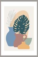 Template with abstract composition of simple shapes. tropical palm leaves in a vase. Collage style, minimalism vector