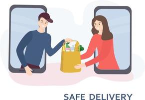 The concept of safe home delivery. The courier holds the package with the goods, hands the customer a fast food. Online store of goods, ordering over the Internet and delivery to the door of the home vector