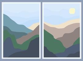 Set of two minimalistic landscapes. Abstract mountains and sun in the sky vector