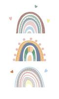 colección de arco iris en estilo boho, colores pastel. impresiones abstractas dibujadas a mano. arco iris escandinavo minimalista con varios elementos decorativos de garabatos, líneas, corazón. diseño romántico. vector