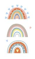 colección de arco iris en estilo boho, colores pastel. impresiones abstractas dibujadas a mano. arco iris escandinavo minimalista con varios elementos decorativos de garabatos, líneas, corazón. diseño romántico. vector