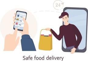 The concept of safe home delivery. The courier holds the package with the goods, hands the customer a fast food. Online store of goods, ordering over the Internet and delivery to the door of the home vector