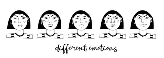 conjunto vectorial de retratos femeninos. personaje minimalista divertido de dibujos animados con diferentes emociones y estados de ánimo. miedo, tristeza, alegría, sorpresa. avatar para redes sociales vector