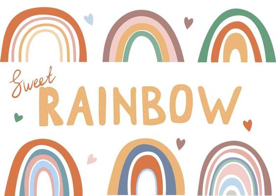Rainbow collection in boho style, pastel colors. Abstract hand-drawn prints. Minimalist Scandinavian rainbow of colorful simple lines