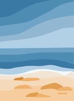 Blue sea and sandy beach. Ocean waves, rocks on the shore. Abstract stylish background with tropical coastline vector