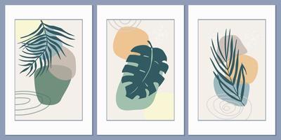 conjunto de plantillas con una composición abstracta de formas simples y hojas de palmeras tropicales. estilo collage, minimalismo. vector