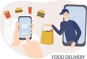 Concept for safe home delivery of products and food from a restaurant. Courier holds package, hands order to customer. Online grocery store, ordering on the Internet. vector