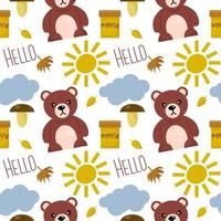 Seamless animal pattern. Cute teddy bear with a barrel of honey. Sun, cloud and botanical elements. Positive inscriptions vector